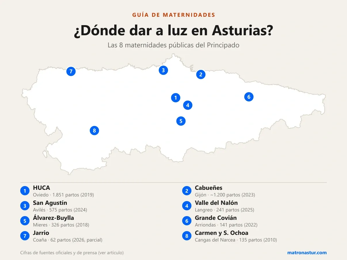 Mapa de Asturias con la ubicación de las 8 maternidades públicas: HUCA en Oviedo, Cabueñes en Gijón, San Agustín en Avilés, Valle del Nalón en Langreo, Álvarez-Buylla en Mieres, Grande Covián en Arriondas, Jarrio en Coaña y Carmen y Severo Ochoa en Cangas del Narcea